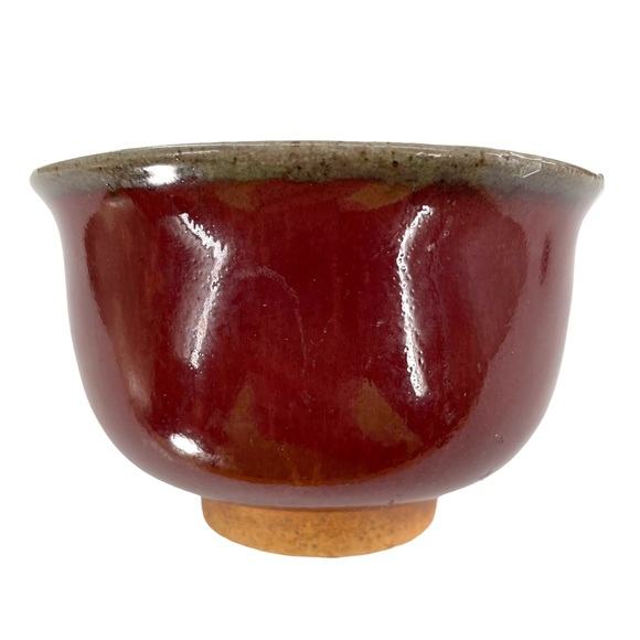 Set of 5 Glazed Deep Red Tea Cups w/Greenish Brown Trim & Organic Unglazed Base - Picture 4 of 7